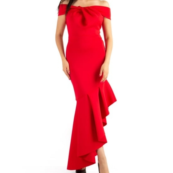 Quiz Off Shoulder Scuba Red Dress – Asymmetric Cut, Size (8-10) - Picture 1 of 11